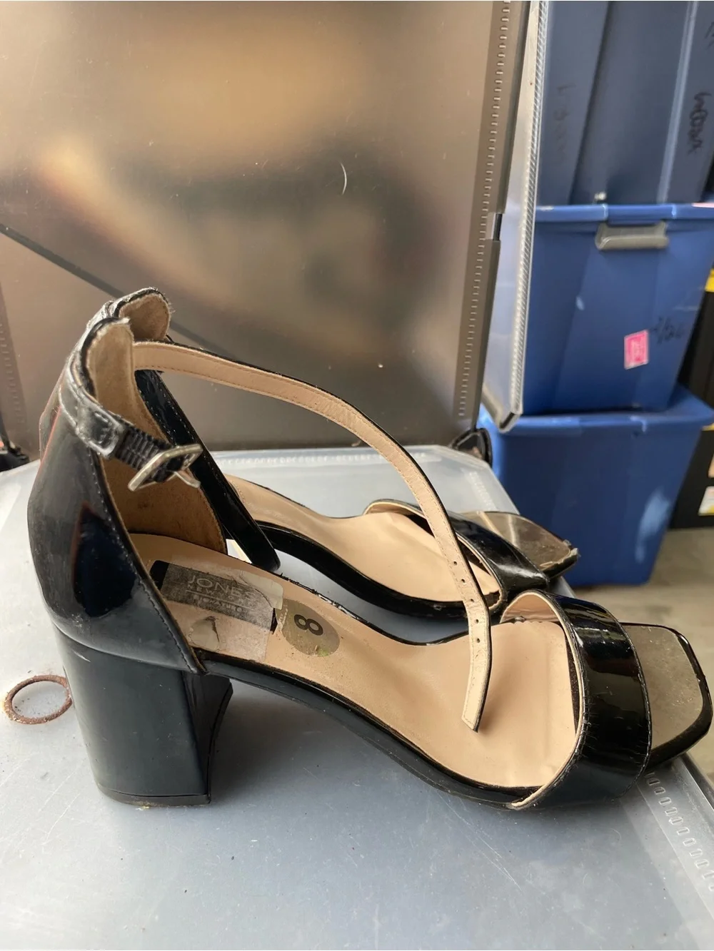 Black Patent Block Heel Sandals with Ankle Strap